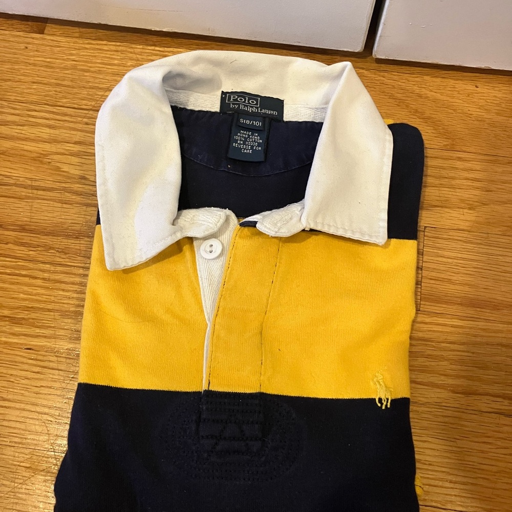 Polo by Ralph Lauren Navy and Yellow Striped Rugby Shirt - Picture 3 of 4